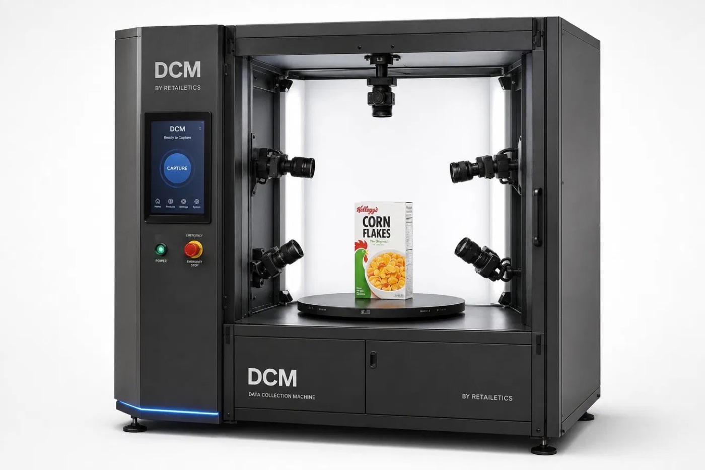 DCM data collection machine with eight cameras, turntable and touchscreen, ready to capture a product