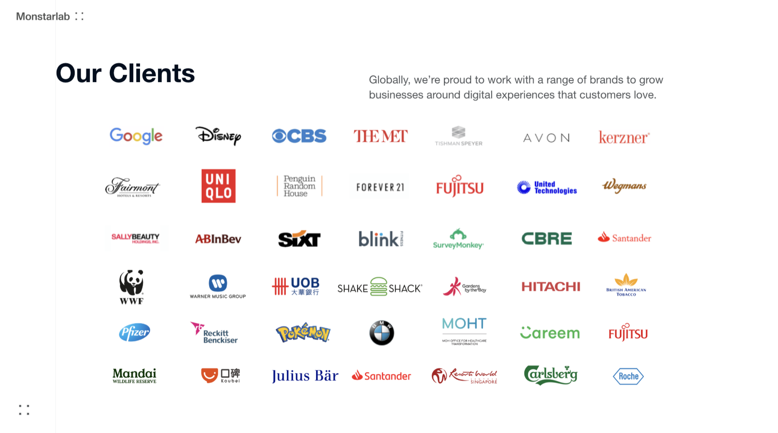 Monstarlab client logo wall including Google, Disney, UOB, Gardens by the Bay, Hitachi, Mandai, Julius Baer, Santander and more