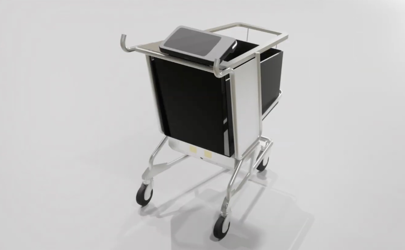 Smart trolley hardware design render with camera, screen and bin